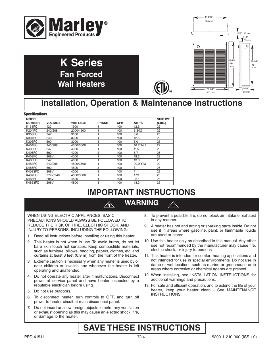 Qmark LFK Series - Wall Heaters User Manual | 17 pages