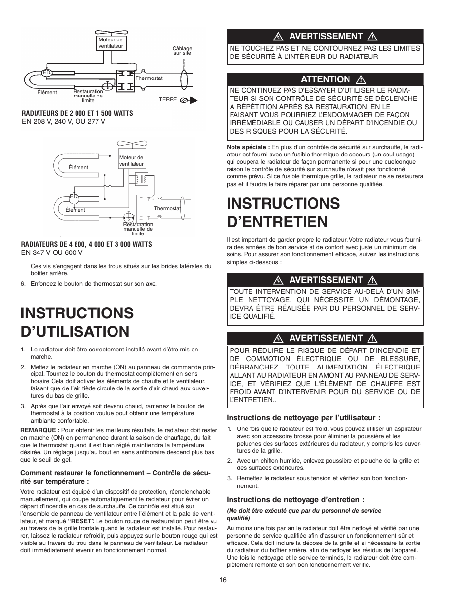 Instructions d’utilisation, Instructions d’entretien | Qmark LFK Series - Wall Heaters User Manual | Page 16 / 17