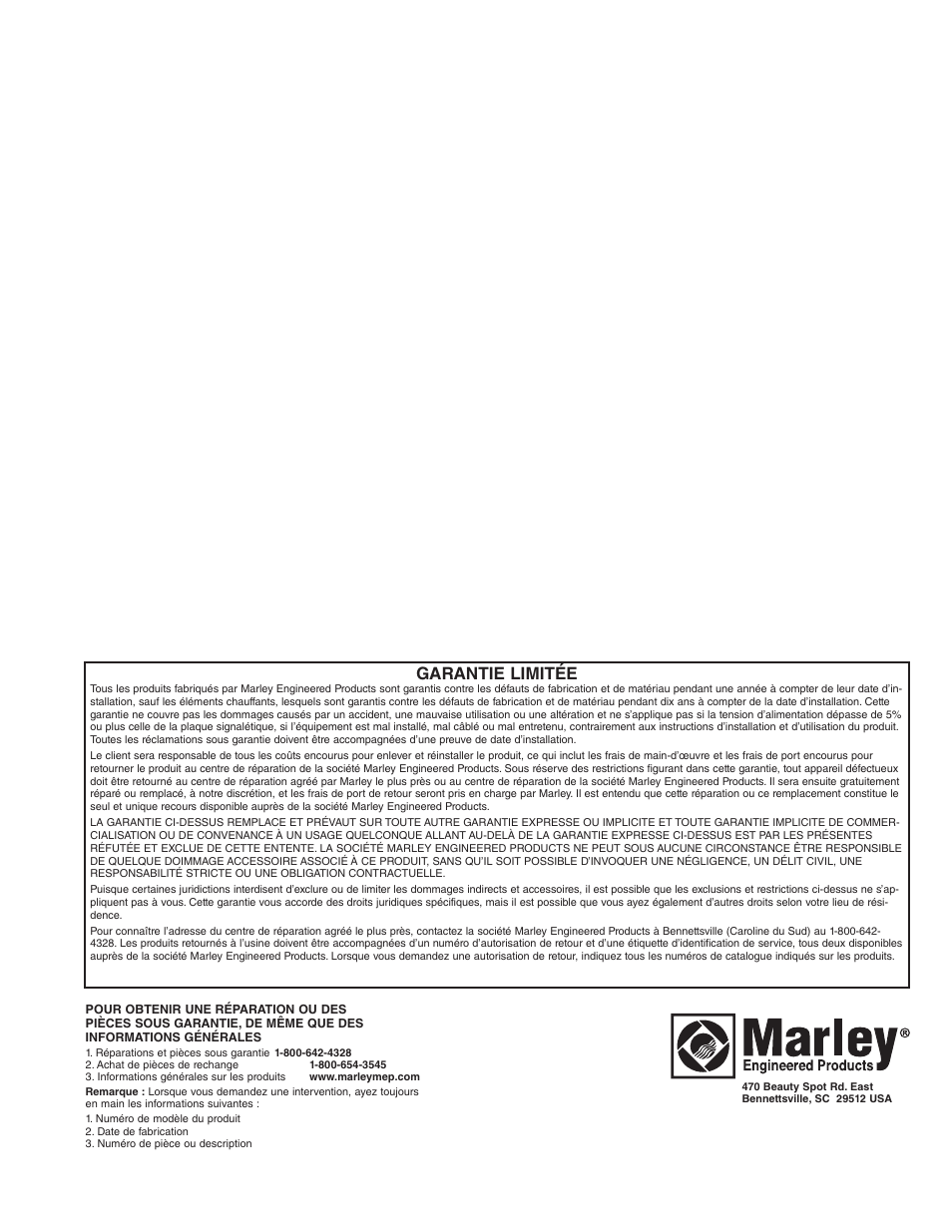 Garantie limitée | Qmark LFK Series - Wall Heaters User Manual | Page 17 / 17