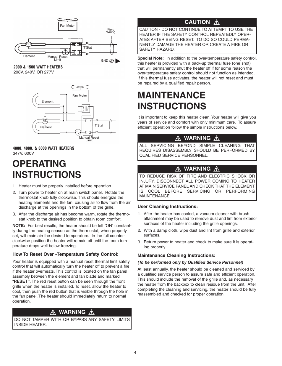 Operating instructions, Maintenance instructions | Qmark LFK Series - Wall Heaters User Manual | Page 4 / 17