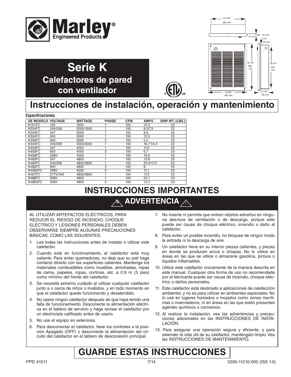 Serie k, Guarde estas instrucciones, Instrucciones importantes | Calefactores de pared con ventilador, Advertencia | Qmark LFK Series - Wall Heaters User Manual | Page 7 / 17