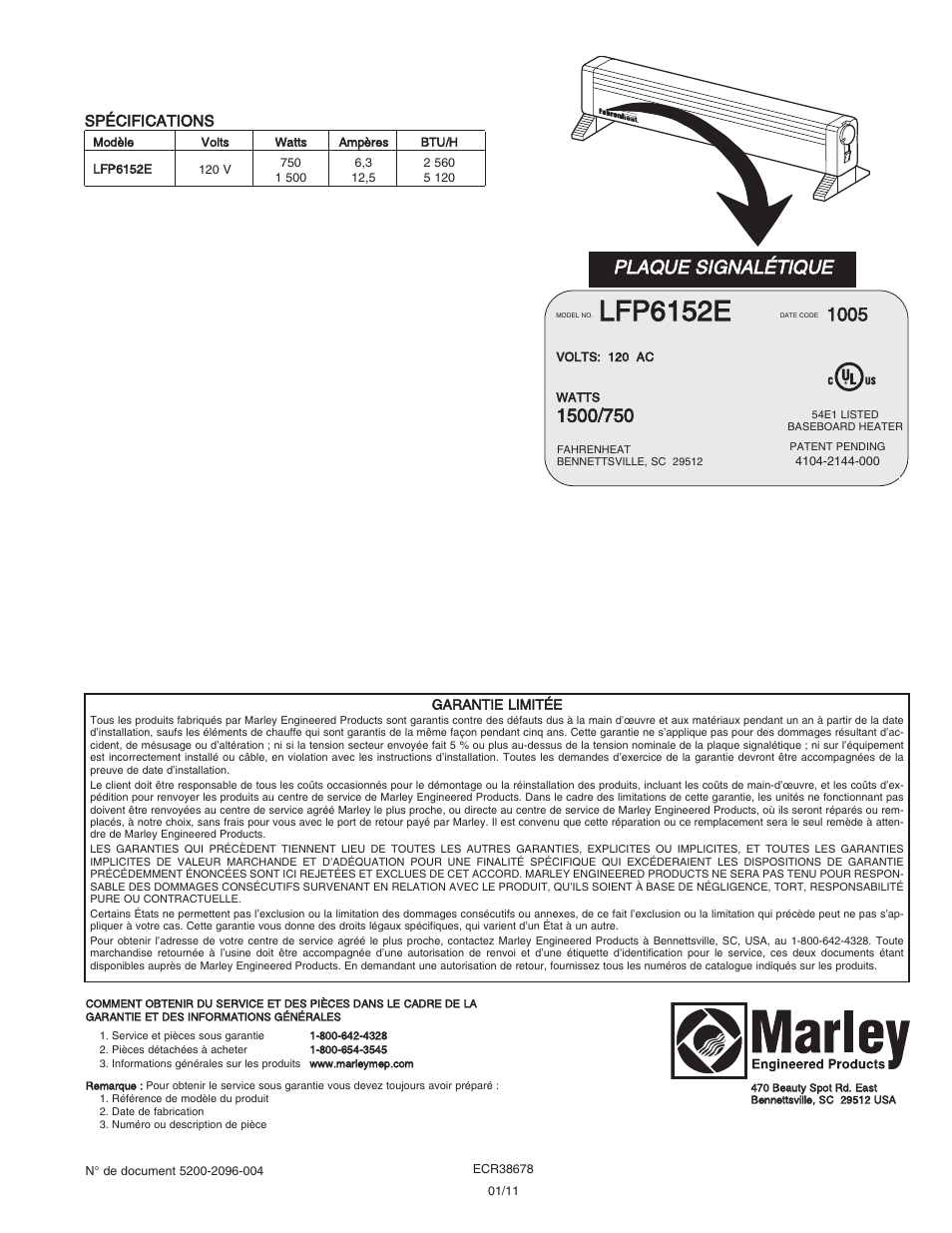 Lfp6152e, Plaque signalétique | Qmark LFP - Portable Electric Hydronic Heater User Manual | Page 12 / 12