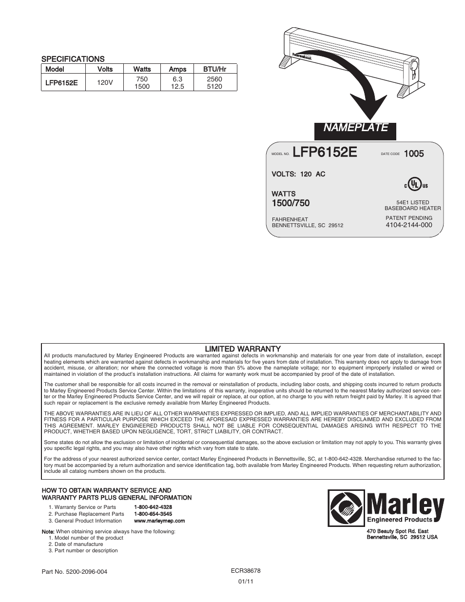 Lfp6152e, Nameplate | Qmark LFP - Portable Electric Hydronic Heater User Manual | Page 4 / 12