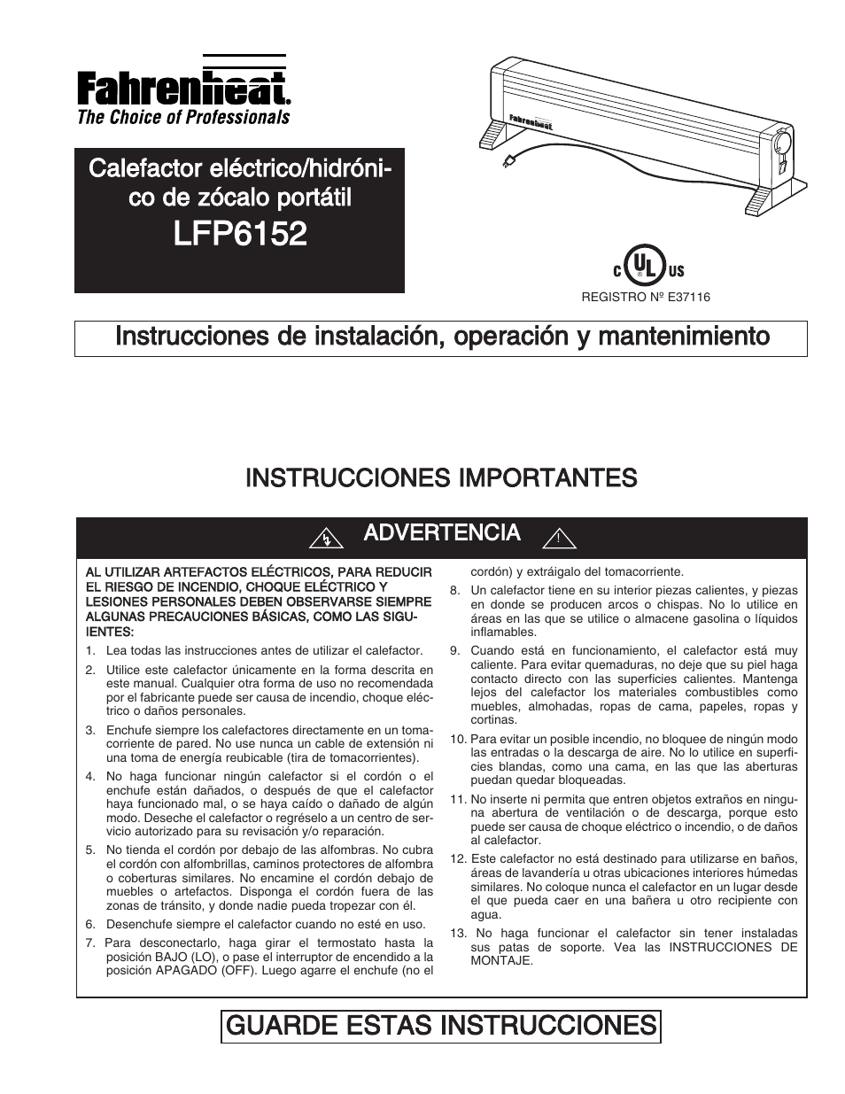 Lfp6152, Guarde estas instrucciones, Instrucciones importantes | Advertencia | Qmark LFP - Portable Electric Hydronic Heater User Manual | Page 5 / 12