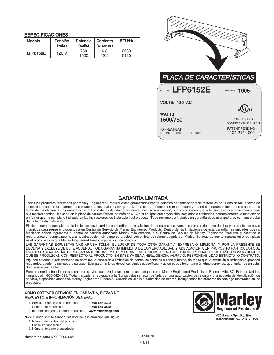 Lfp6152e, Placa de características, Garantía limitada | Qmark LFP - Portable Electric Hydronic Heater User Manual | Page 8 / 12