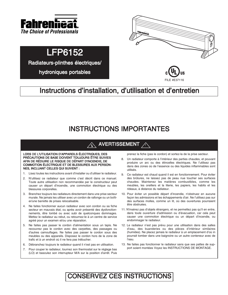 Lfp6152, Instructions importantes, Conservez ces instructions | Avertissement | Qmark LFP - Portable Electric Hydronic Heater User Manual | Page 9 / 12