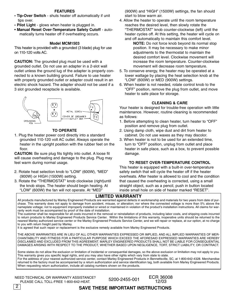 Qmark MCM - Portable Fan-Forced/Radiant Utility Heaters User Manual | Page 2 / 2