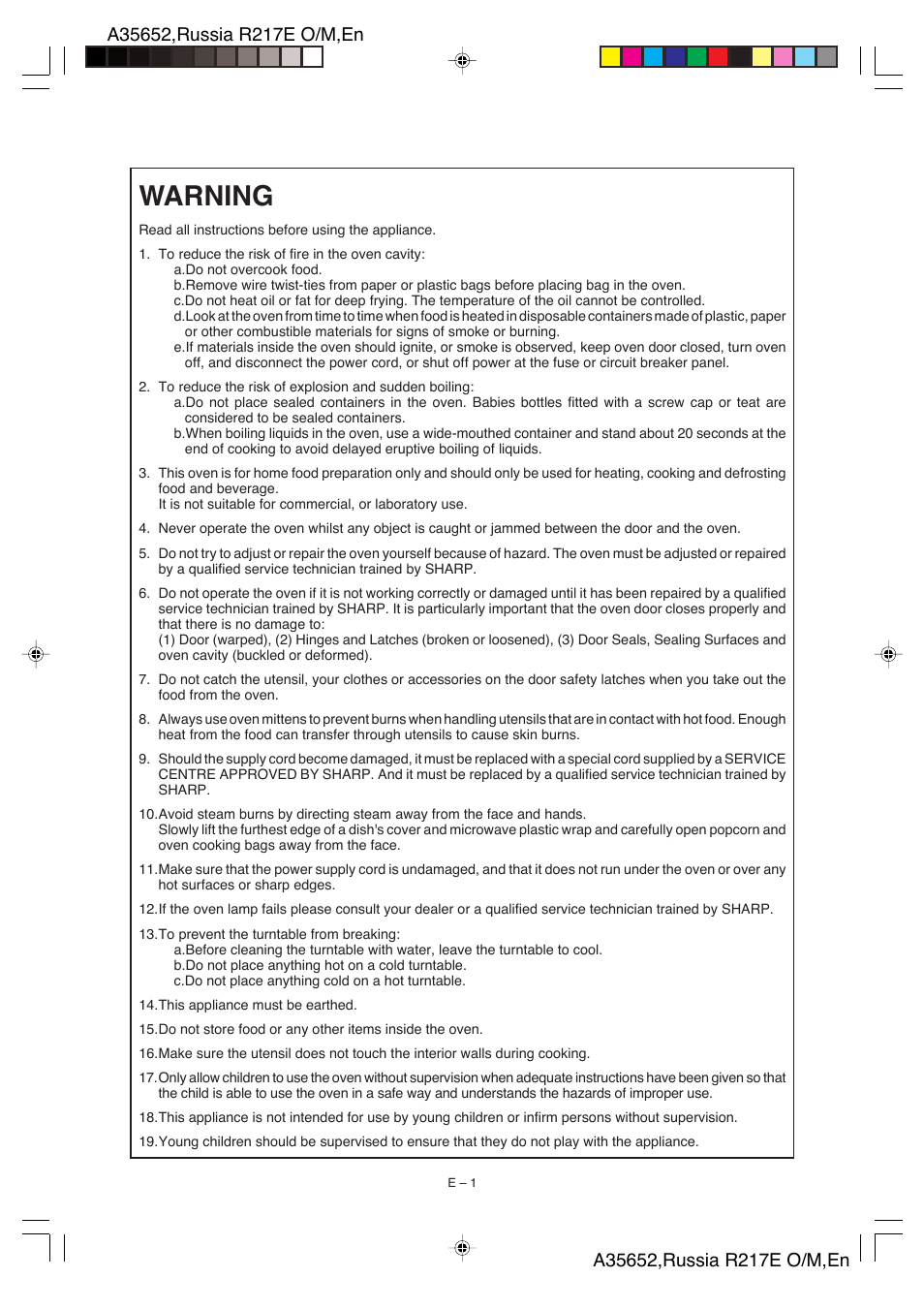 Warning | Sharp R-217E User Manual | Page 22 / 40