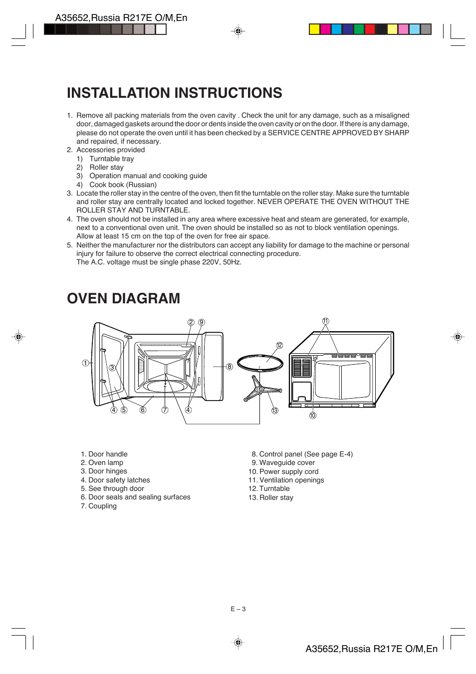 Installation instructions, Oven diagram | Sharp R-217E User Manual | Page 24 / 40