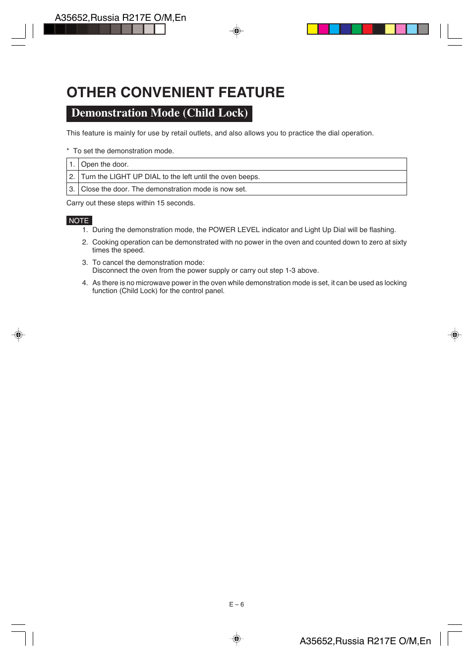 Other convenient feature, Demonstration mode (child lock) | Sharp R-217E User Manual | Page 27 / 40