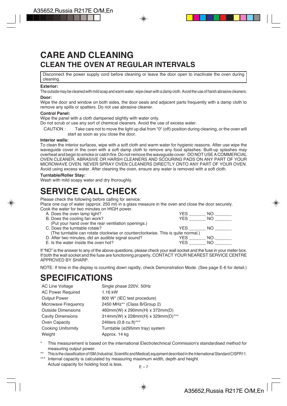 Specifications, Care and cleaning, Service call check | Clean the oven at regular intervals | Sharp R-217E User Manual | Page 28 / 40