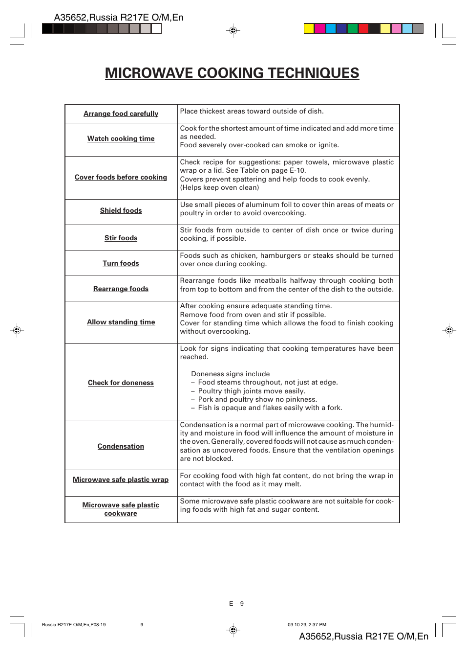Microwave cooking techniques | Sharp R-217E User Manual | Page 30 / 40