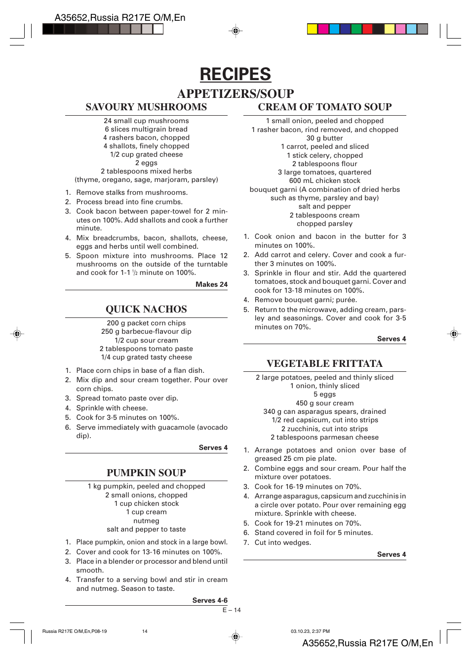 Recipes, Appetizers/soup, Savoury mushrooms | Quick nachos, Pumpkin soup, Cream of tomato soup, Vegetable frittata | Sharp R-217E User Manual | Page 35 / 40
