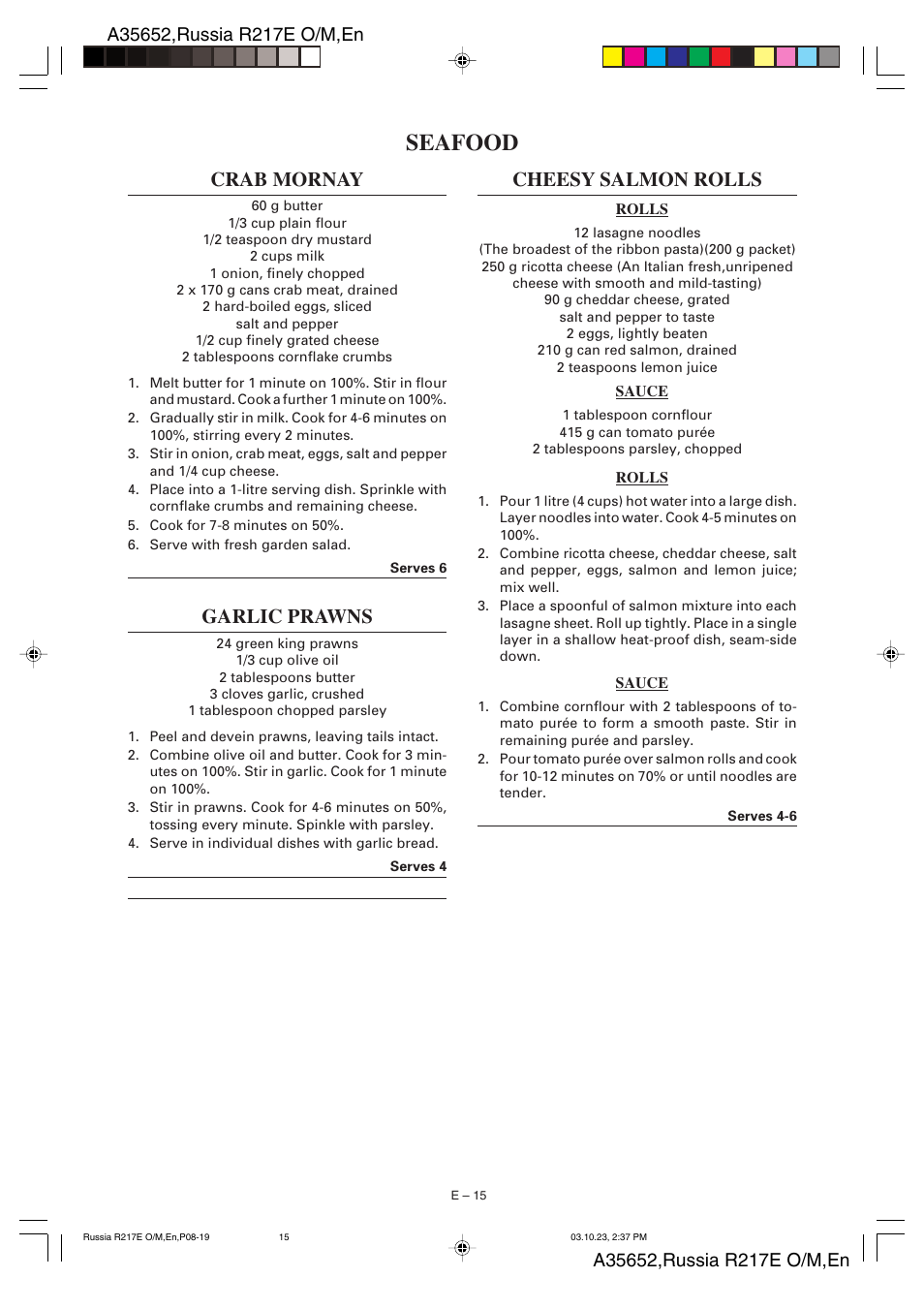 Seafood, Crab mornay, Garlic prawns | Cheesy salmon rolls | Sharp R-217E User Manual | Page 36 / 40