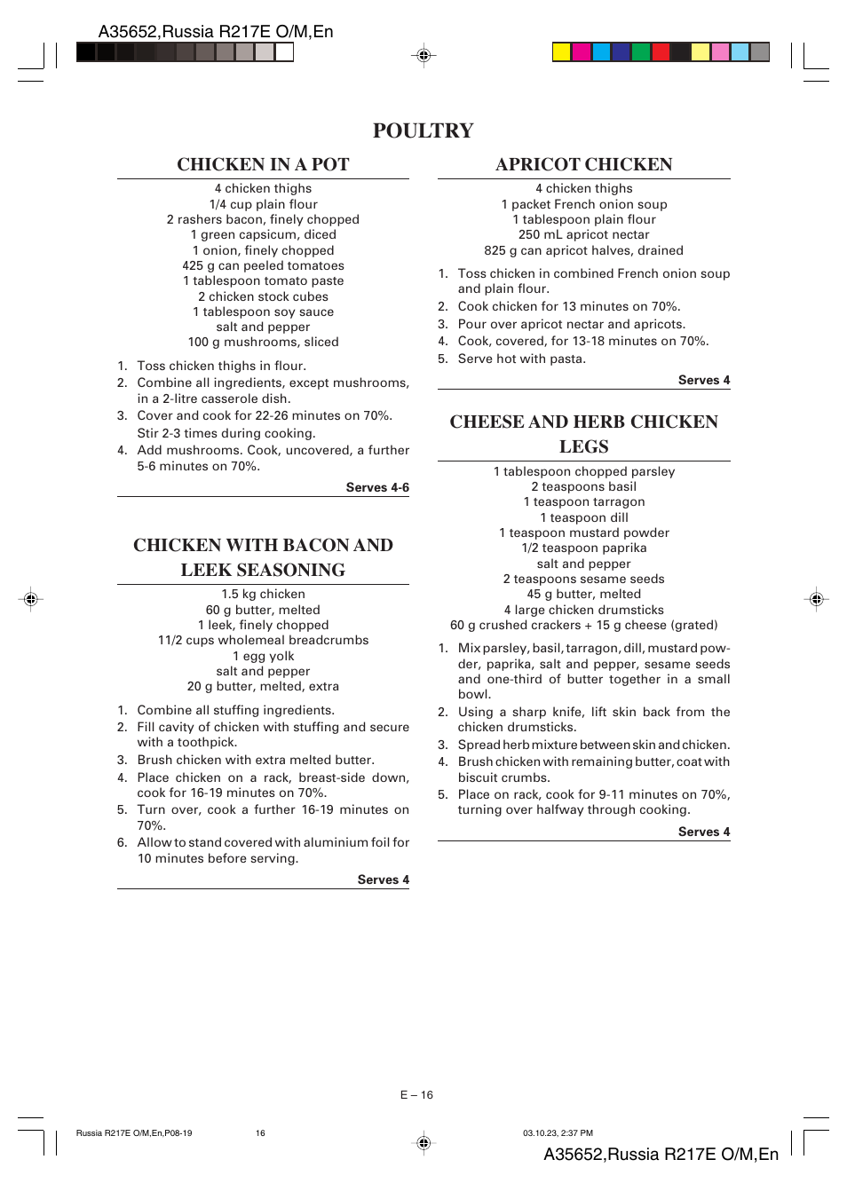 Poultry, Chicken in a pot, Chicken with bacon and leek seasoning | Apricot chicken, Cheese and herb chicken legs | Sharp R-217E User Manual | Page 37 / 40