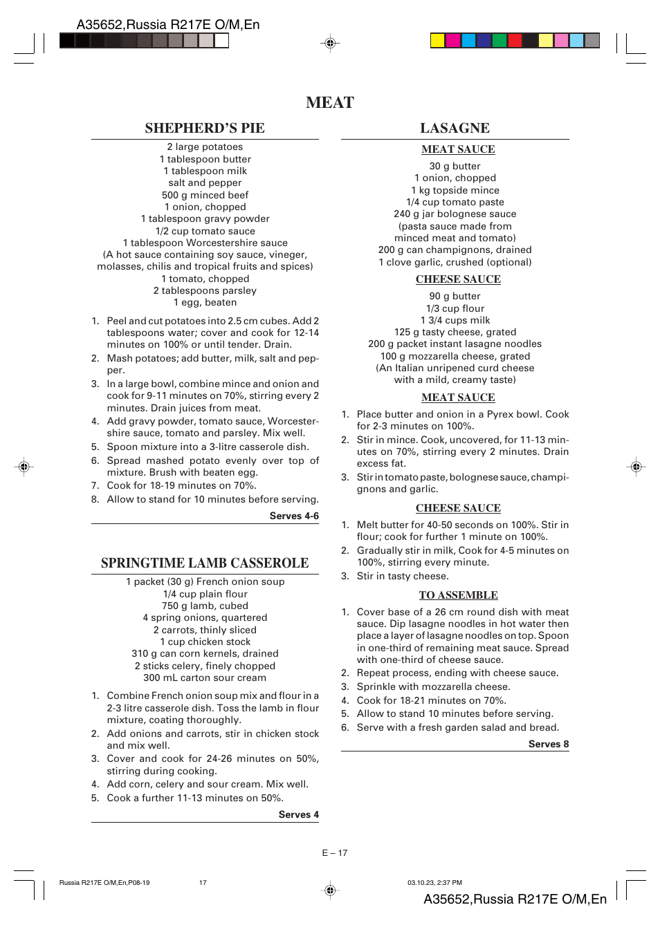 Meat, Shepherd’s pie, Springtime lamb casserole | Lasagne | Sharp R-217E User Manual | Page 38 / 40