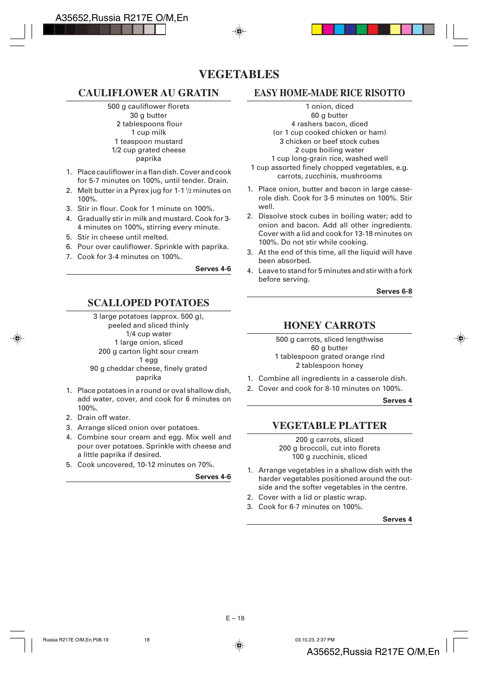Vegetables, Cauliflower au gratin, Scalloped potatoes | Easy home-made rice risotto, Honey carrots, Vegetable platter | Sharp R-217E User Manual | Page 39 / 40
