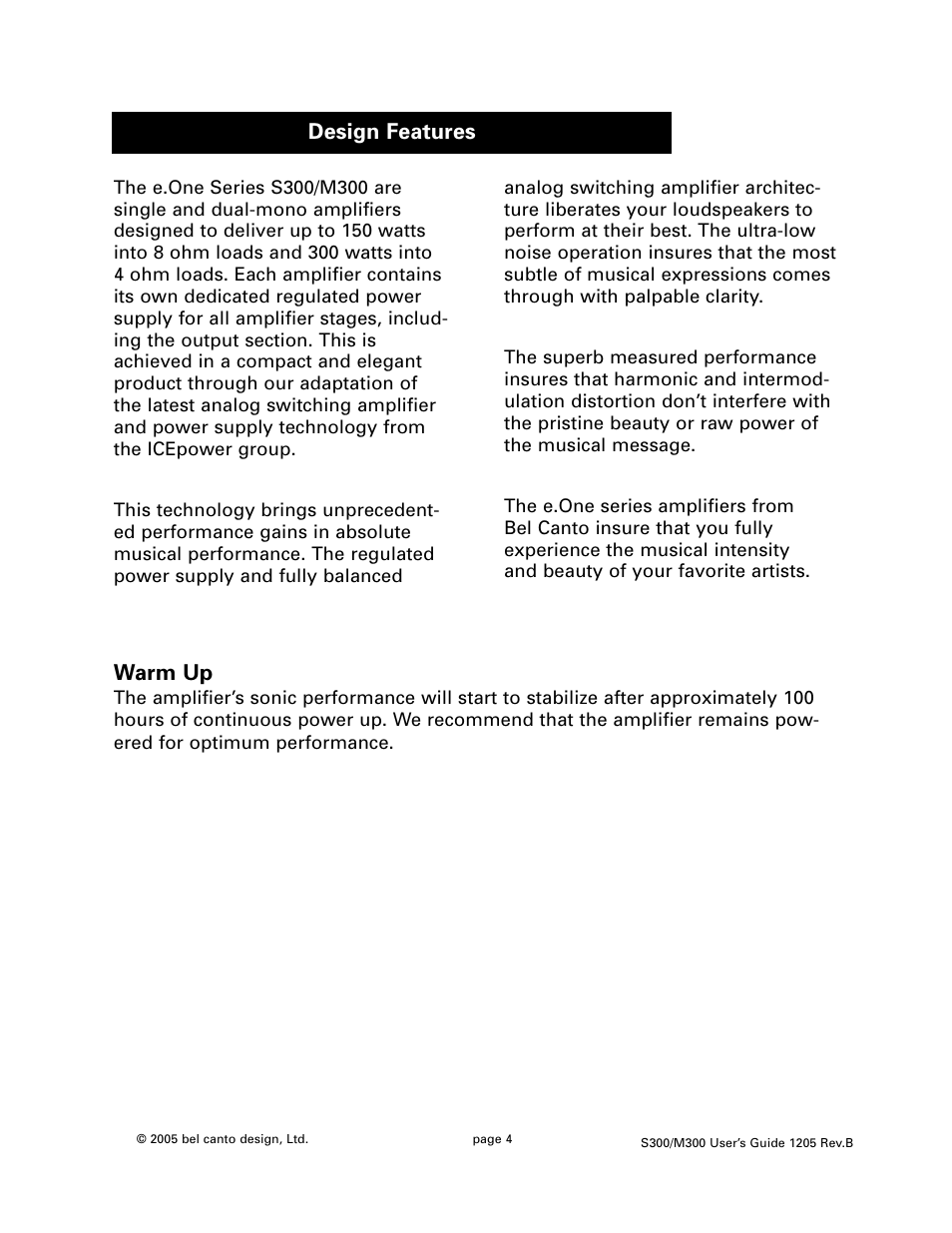 Warm up, Design features | Bel Canto Design M300 User Manual | Page 4 / 10