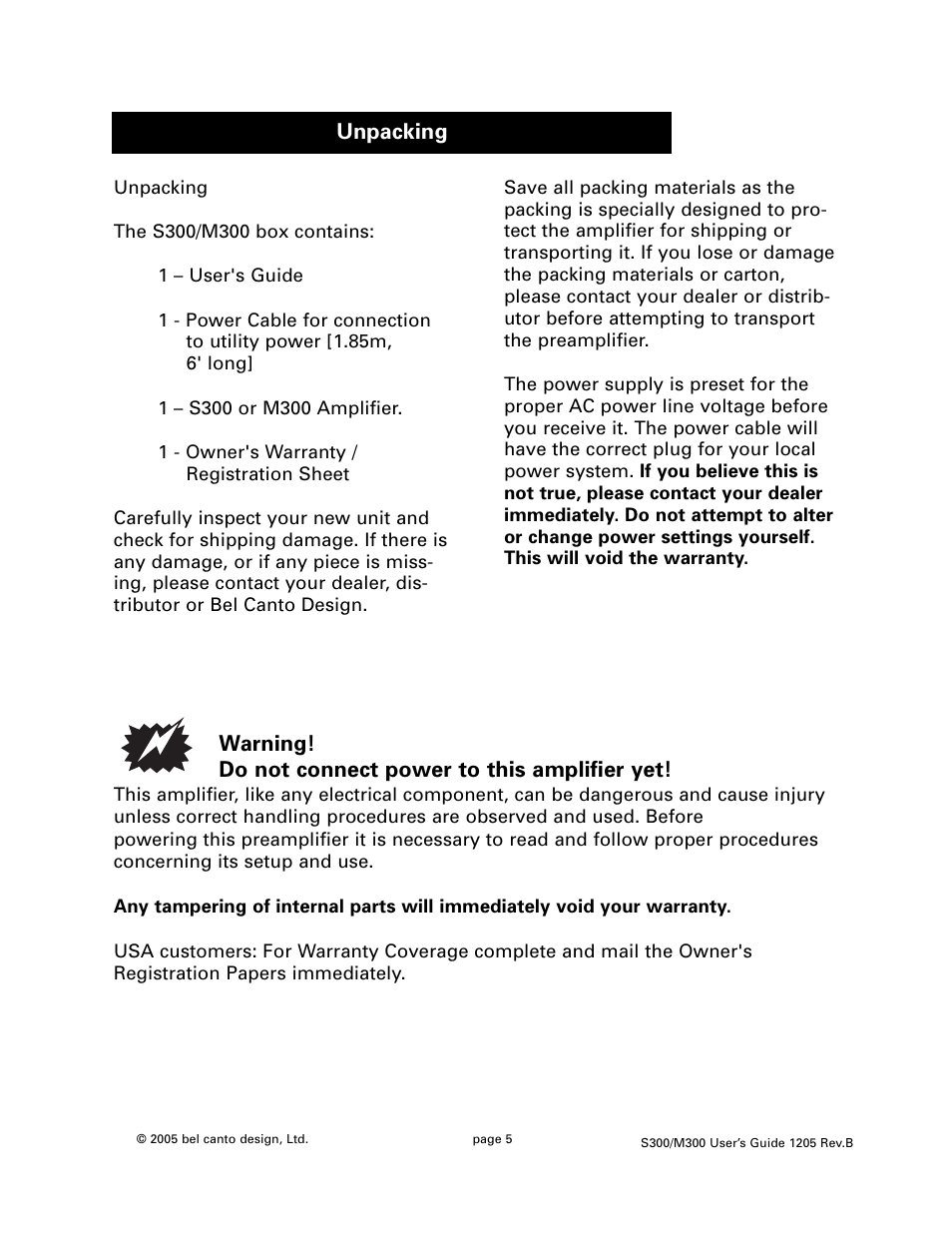 Unpacking | Bel Canto Design M300 User Manual | Page 5 / 10