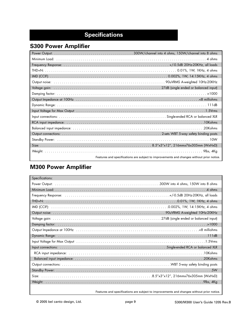 Specifications | Bel Canto Design M300 User Manual | Page 9 / 10
