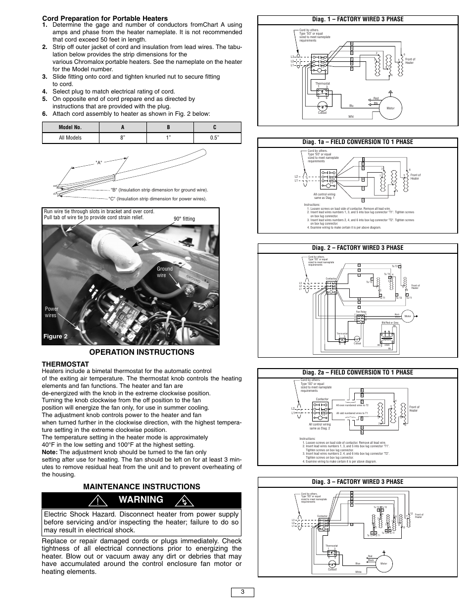 Warning, Operation instructions, Maintenance instructions | Thermostat, Cord preparation for portable heaters, Figure 2, Diag. 1 – factory wired 3 phase, Diag. 1a – field conversion to 1 phase, Diag. 2a – field conversion to 1 phase, Diag. 2 – factory wired 3 phase | Qmark MEDH - Portable Electric Blower Heaters User Manual | Page 3 / 4