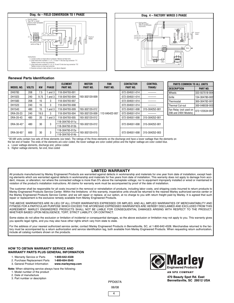 Limited warranty, Renewal parts identification, Diag. 4a – field conversion to 1 phase | Diag. 4 – factory wired 3 phase | Qmark MEDH - Portable Electric Blower Heaters User Manual | Page 4 / 4