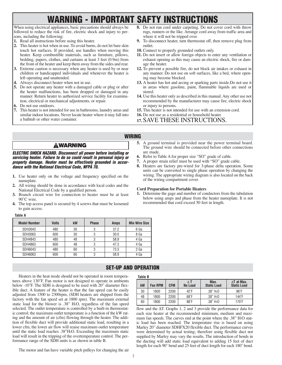 Warning - important safty instructions, Save these instructions, Wiring | Set-up and operation | Qmark MSDH - High Temperature Electric Blower Heaters User Manual | Page 2 / 8