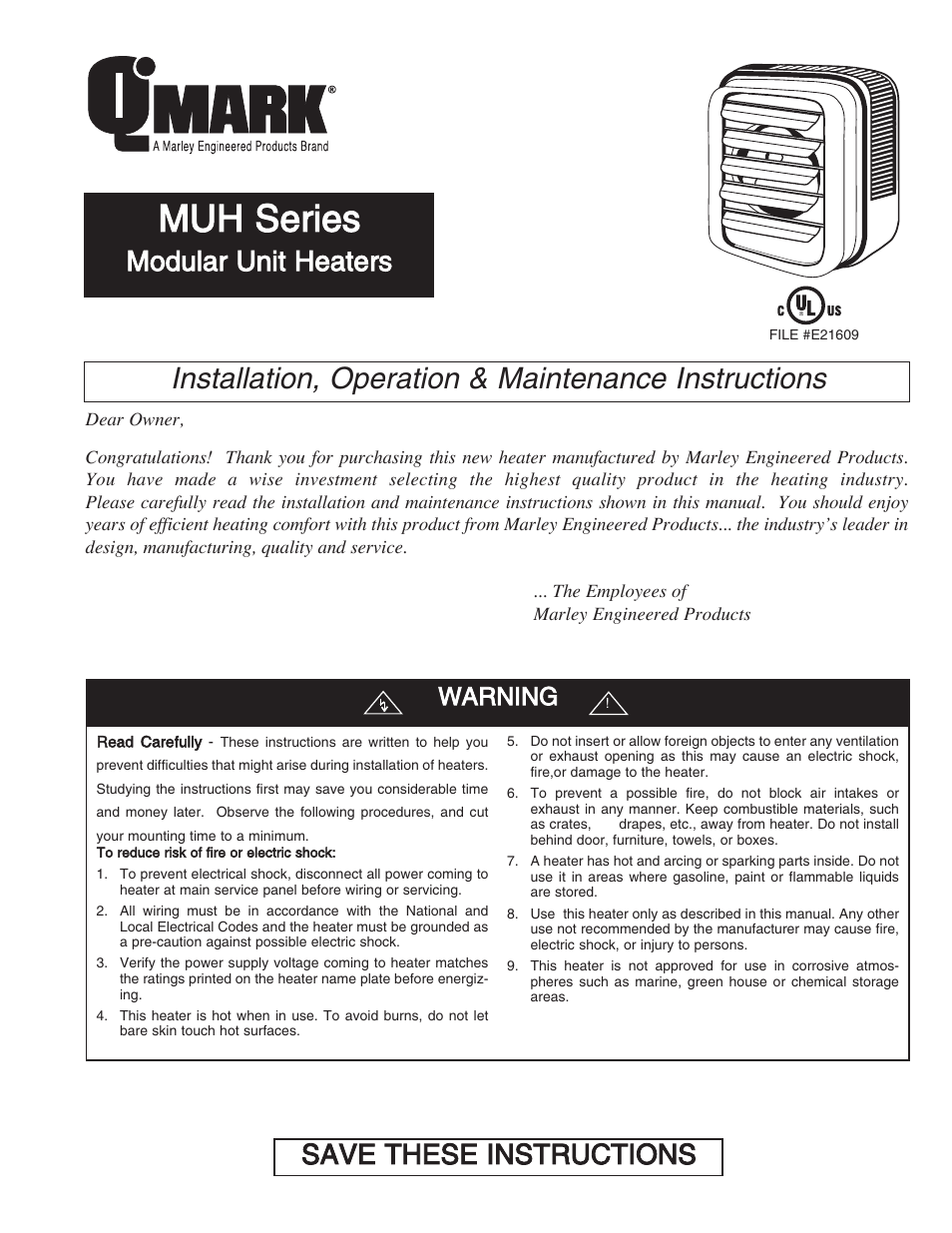 Qmark MUH - Horizontal / Downflow Unit Heaters User Manual | 20 pages