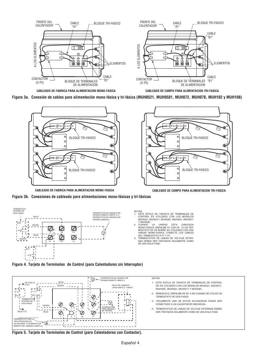 Español 4, Factory-wired for single-phase power, Field-wired for three-phase power | Qmark MUH - Horizontal / Downflow Unit Heaters User Manual | Page 10 / 20