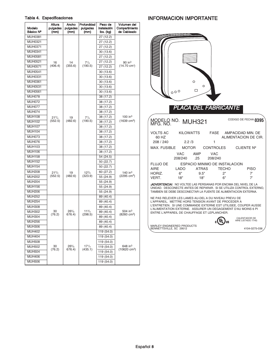 Muh321, Placa del fabricante, Informacion importante | Modelo no, 0395 mfg. no, Español # español 5 tabla 4. especificaciones | Qmark MUH - Horizontal / Downflow Unit Heaters User Manual | Page 11 / 20
