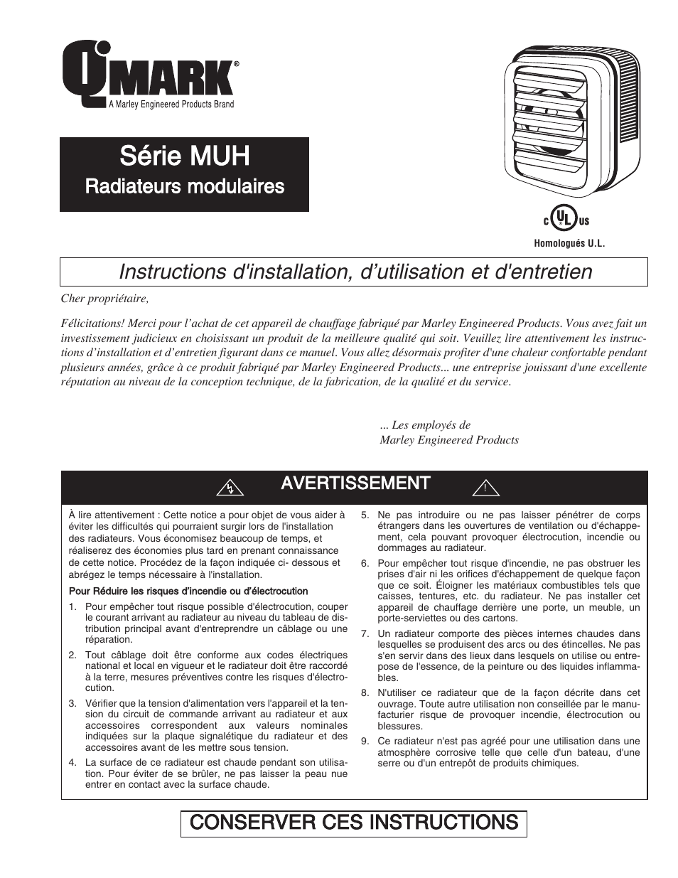 Série muh, Radiateurs modulaires, Conserver ces instructions | Avertissement | Qmark MUH - Horizontal / Downflow Unit Heaters User Manual | Page 13 / 20