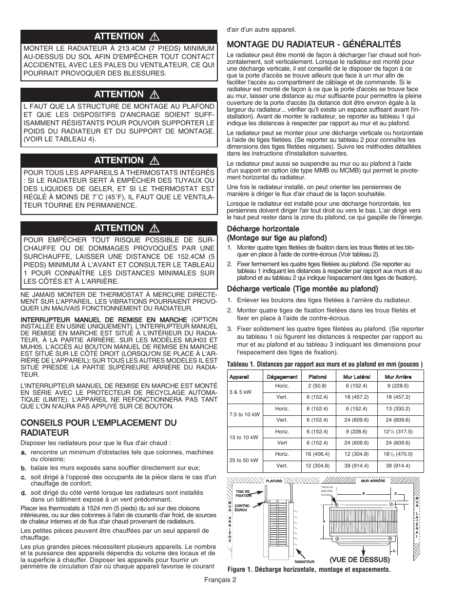 Conseils pour l'emplacement du radiateur, Montage du radiateur - généralités, Décharge horizontale (montage sur tige au plafond) | Décharge verticale (tige montée au plafond), Vue de dessus) | Qmark MUH - Horizontal / Downflow Unit Heaters User Manual | Page 14 / 20