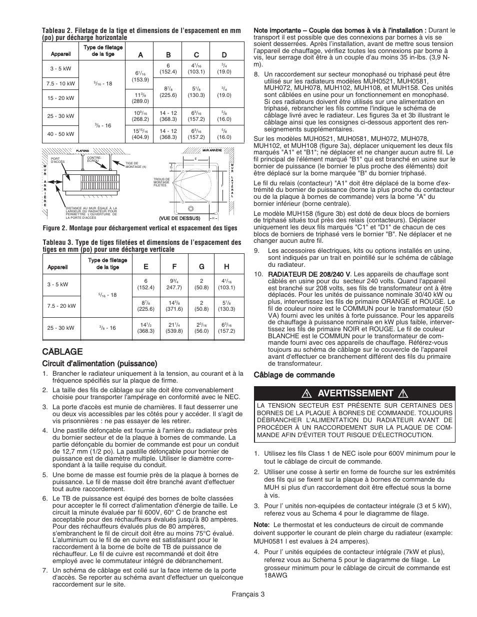 Câblage, Circuit d’alimentation (puissance), Câblage de commande | Ab c d, Ef g h | Qmark MUH - Horizontal / Downflow Unit Heaters User Manual | Page 15 / 20