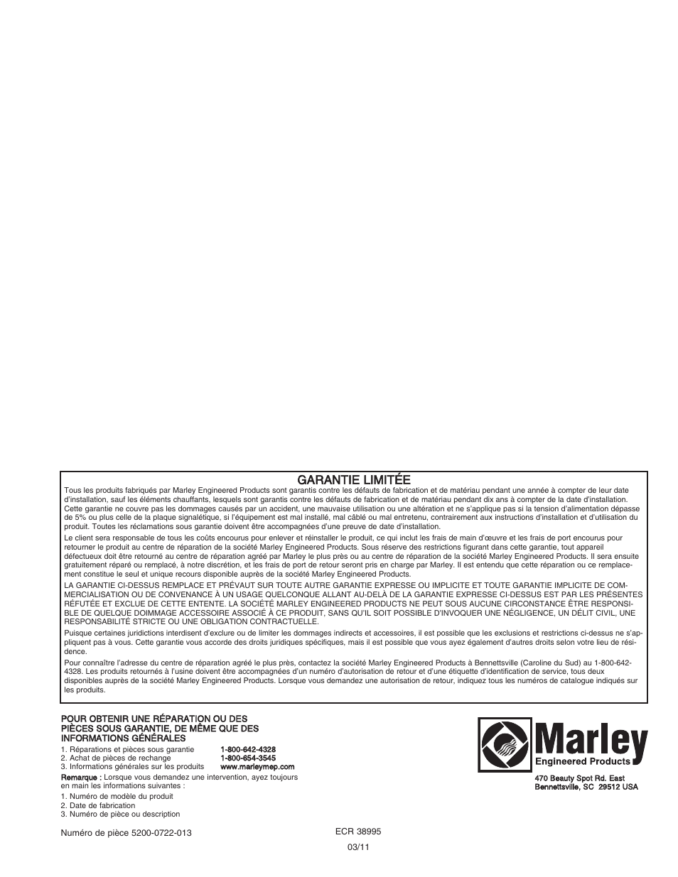 Garantie limitée | Qmark MUH - Horizontal / Downflow Unit Heaters User Manual | Page 18 / 20