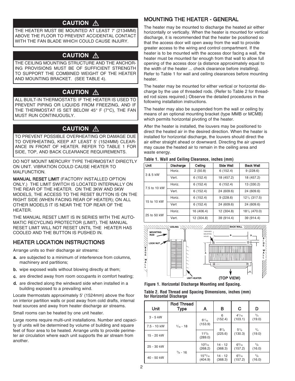 Heater location instructions, Mounting the heater - general, Table 1. wall and ceiling clearance, inches (mm) | Qmark MUH - Horizontal / Downflow Unit Heaters User Manual | Page 2 / 20