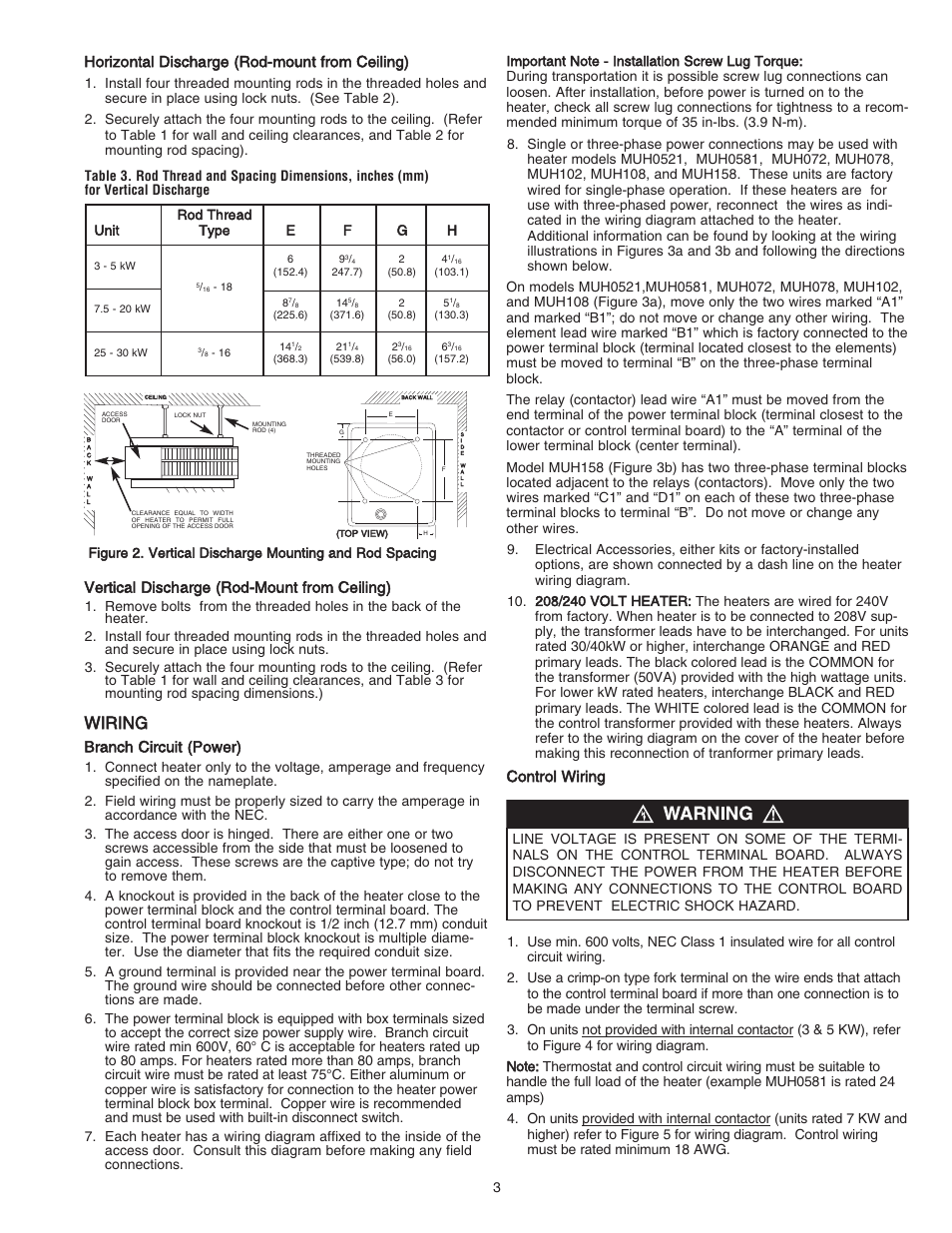 Wiring, Horizontal discharge (rod-mount from ceiling), Vertical discharge (rod-mount from ceiling) | Branch circuit (power), Control wiring | Qmark MUH - Horizontal / Downflow Unit Heaters User Manual | Page 3 / 20