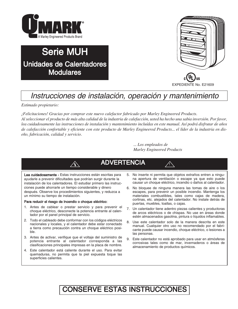 Serie muh, Conserve estas instrucciones, Unidades de calentadores modulares | Advertencia | Qmark MUH - Horizontal / Downflow Unit Heaters User Manual | Page 7 / 20