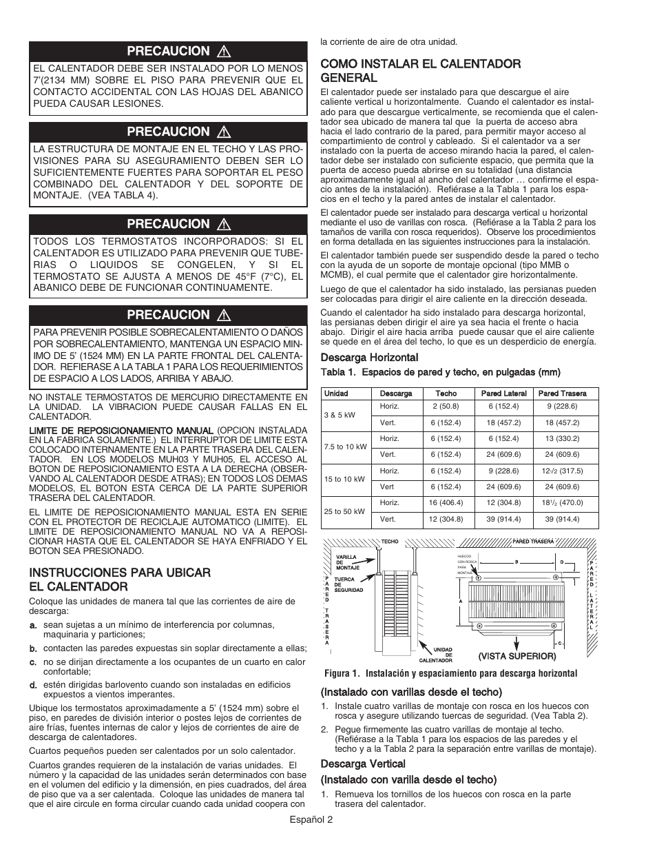 Instrucciones para ubicar el calentador, Como instalar el calentador general | Qmark MUH - Horizontal / Downflow Unit Heaters User Manual | Page 8 / 20