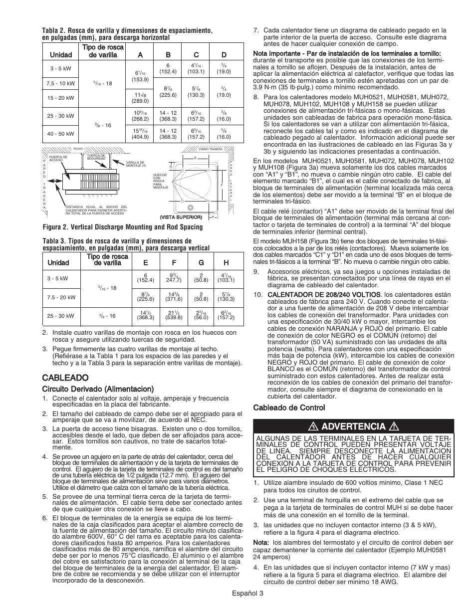 Cableado, Circuito derivado (alimentacion), Cableado de control | Qmark MUH - Horizontal / Downflow Unit Heaters User Manual | Page 9 / 20