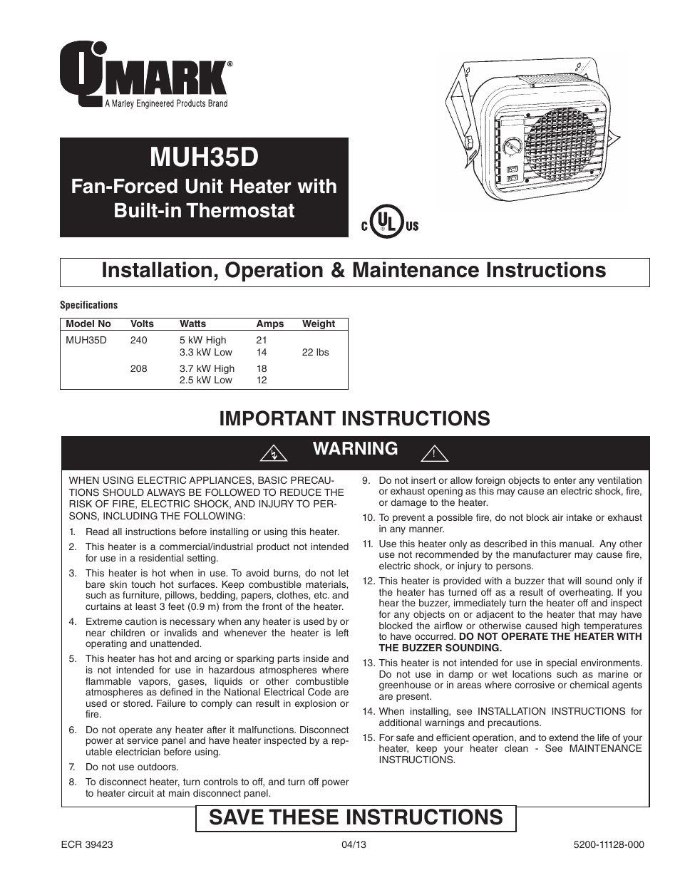 Qmark MUH35 - Unit Heater User Manual | 16 pages