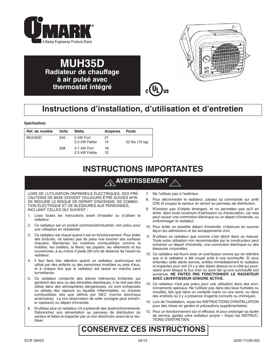 Muh35d, Instructions importantes, Conservez ces instructions | Avertissement | Qmark MUH35 - Unit Heater User Manual | Page 11 / 16