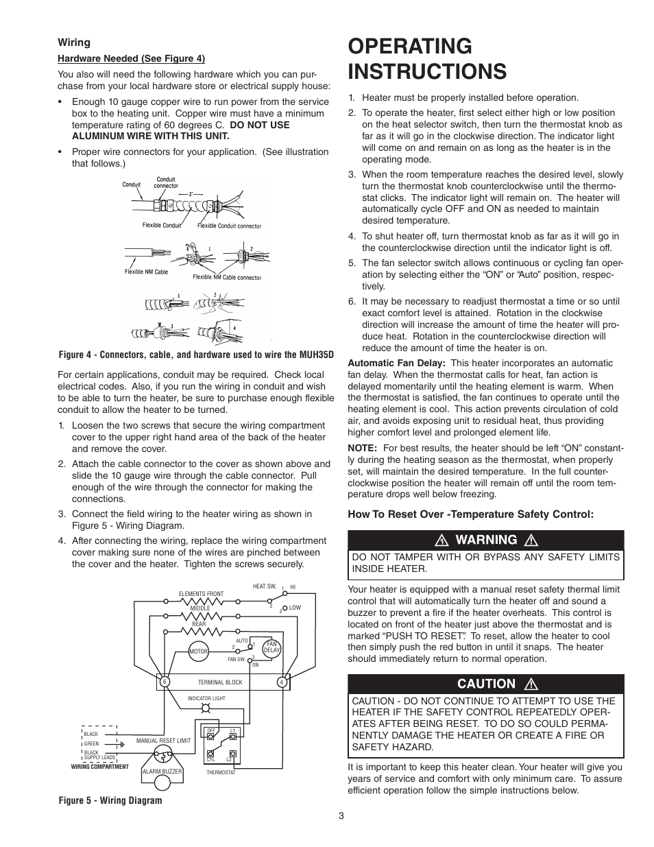 Operating instructions, Wiring, How to reset over -temperature safety control | Qmark MUH35 - Unit Heater User Manual | Page 3 / 16