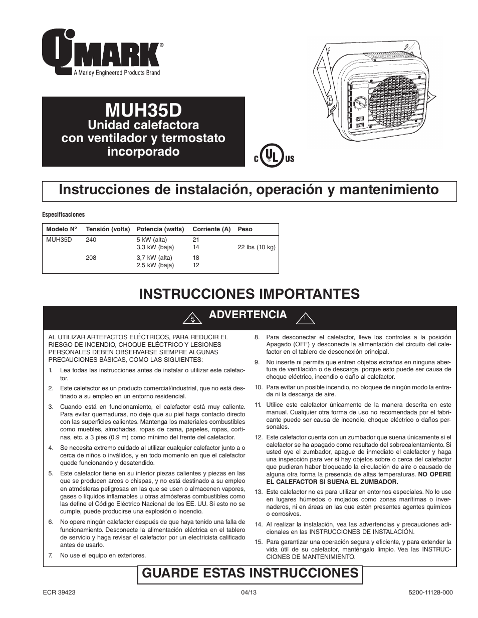 Muh35d, Instrucciones importantes, Guarde estas instrucciones | Advertencia | Qmark MUH35 - Unit Heater User Manual | Page 7 / 16