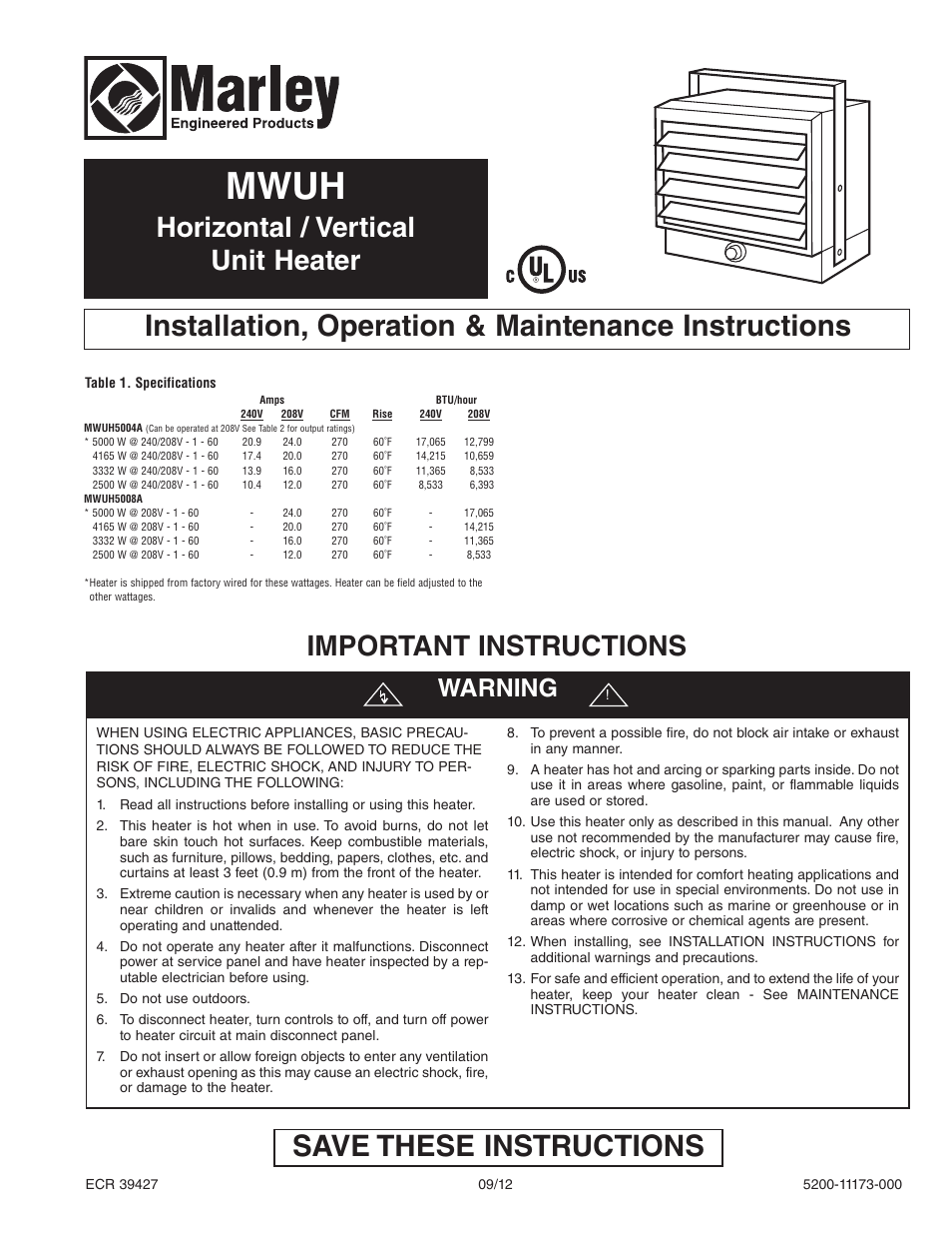 Qmark MWUH Series - Horizontal / Downflow Unit Heaters User Manual | 20 pages