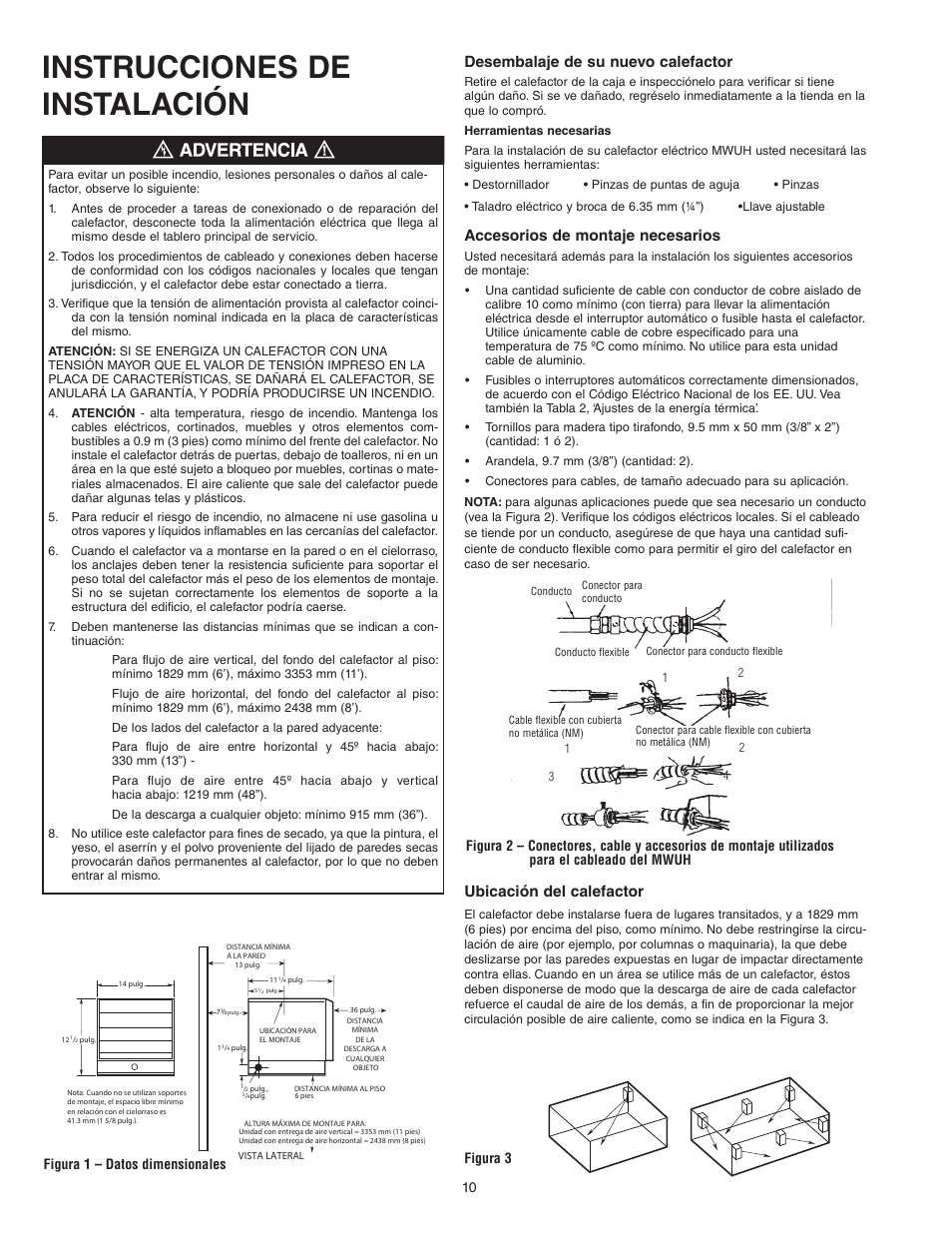 Instrucciones de instalación, Desembalaje de su nuevo calefactor, Accesorios de montaje necesarios | Ubicación del calefactor, Figura 3, Figura 1 – datos dimensionales | Qmark MWUH Series - Horizontal / Downflow Unit Heaters User Manual | Page 10 / 20