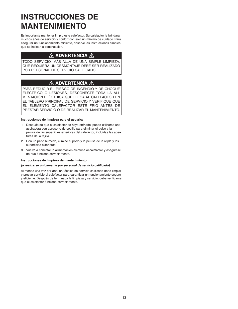 Instrucciones de mantenimiento | Qmark MWUH Series - Horizontal / Downflow Unit Heaters User Manual | Page 13 / 20