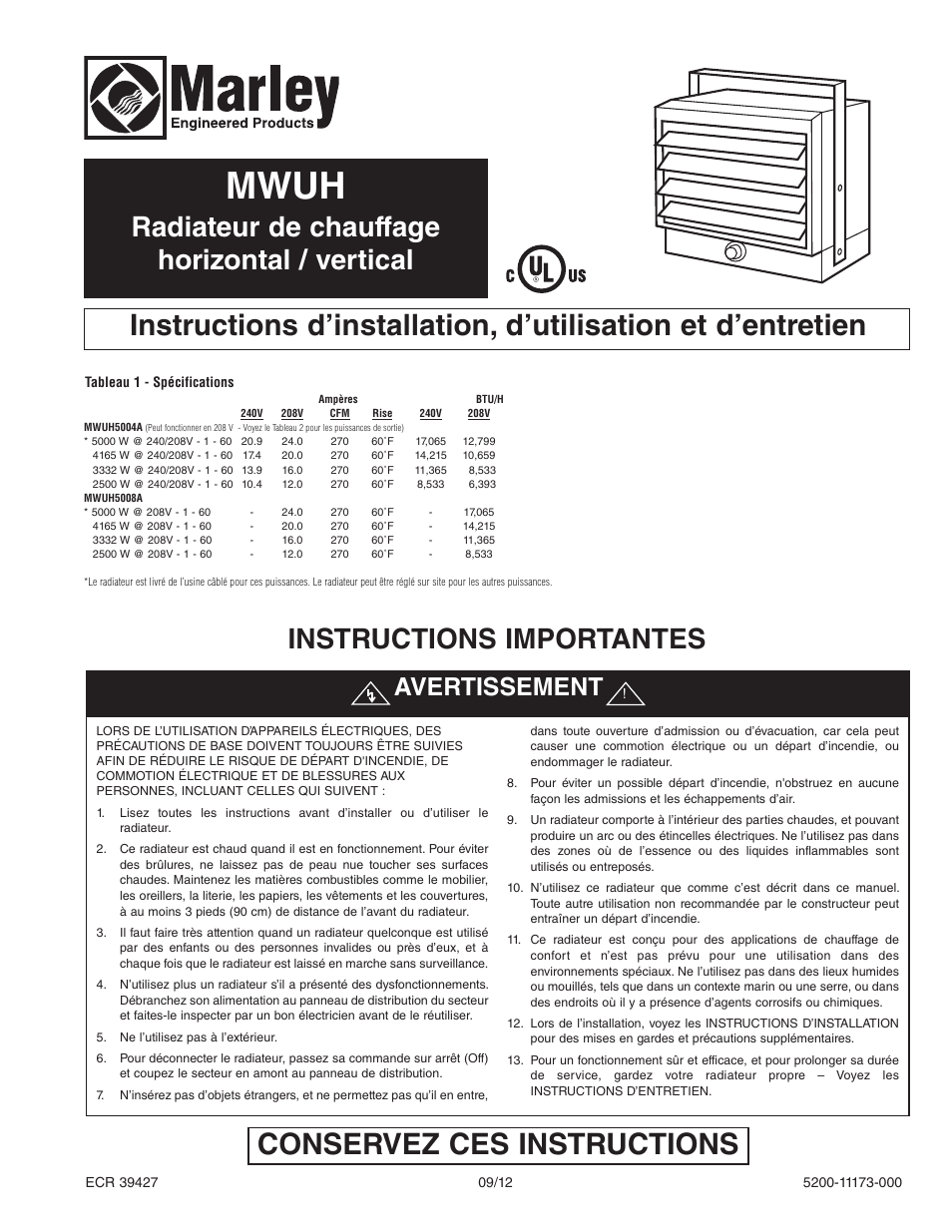 Mwuh, Conservez ces instructions, Radiateur de chauffage horizontal / vertical | Instructions importantes, Avertissement | Qmark MWUH Series - Horizontal / Downflow Unit Heaters User Manual | Page 15 / 20