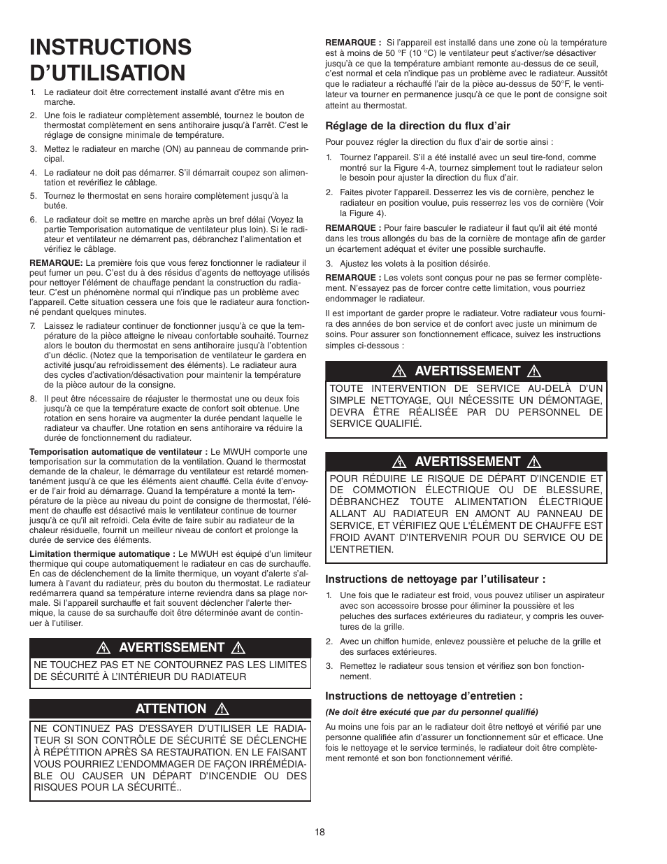 Instructions d’utilisation | Qmark MWUH Series - Horizontal / Downflow Unit Heaters User Manual | Page 18 / 20