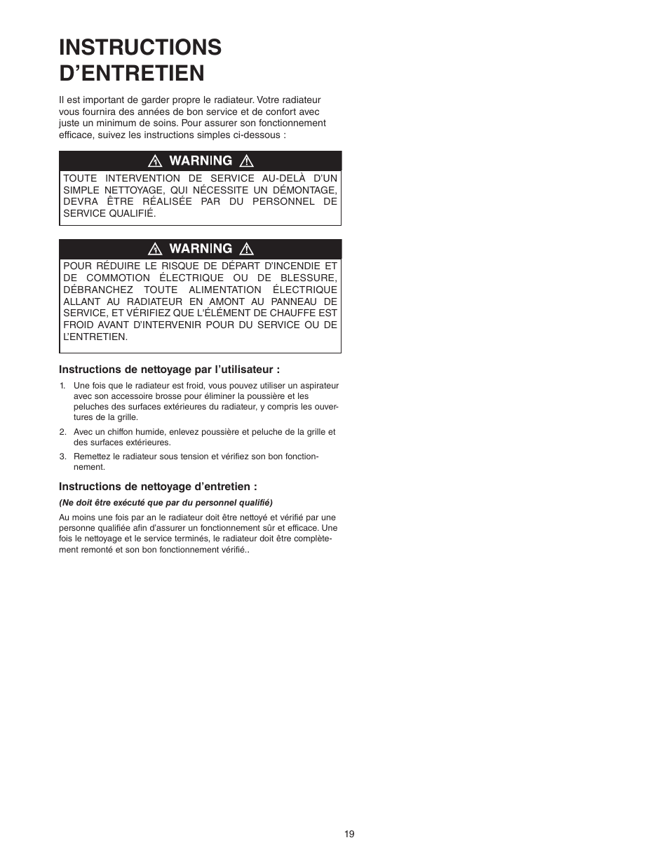 Instructions d’entretien | Qmark MWUH Series - Horizontal / Downflow Unit Heaters User Manual | Page 19 / 20