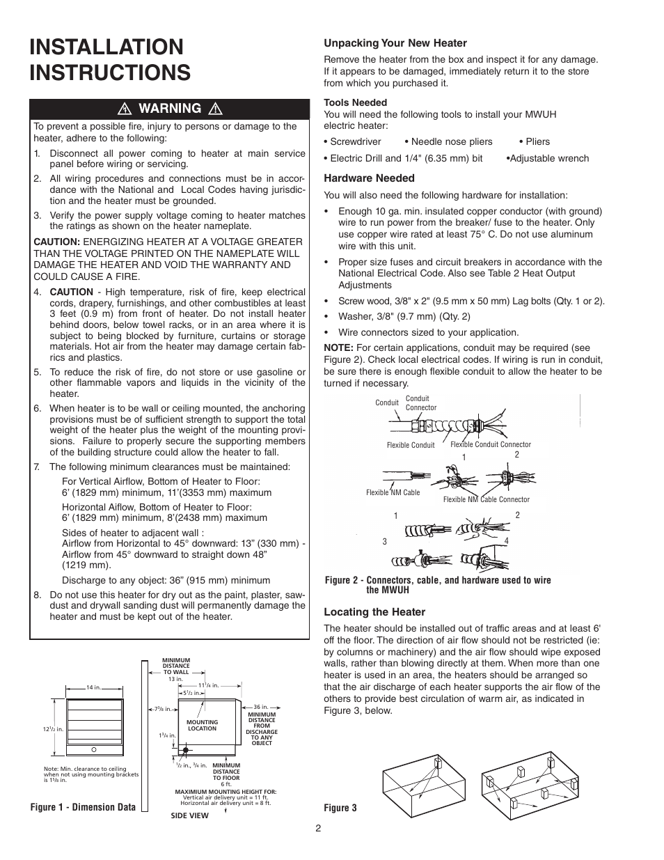 Installation instructions, Unpacking your new heater, Hardware needed | Locating the heater, Figure 3, Figure 1 - dimension data | Qmark MWUH Series - Horizontal / Downflow Unit Heaters User Manual | Page 2 / 20